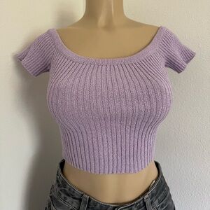 Emory Park Lilac Ribbed Knit Crop Top | Off Shoulder Scoop Neck Sweater Top